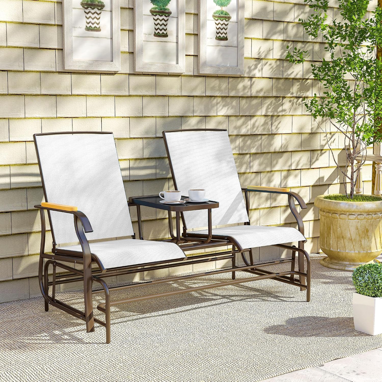 Outsunny 2 Person Outdoor Glider Bench, Patio Swing Glider Chair Loveseat with Breathable Mesh, Table, Steel Frame for Garden, Backyard, Porch, Cream White