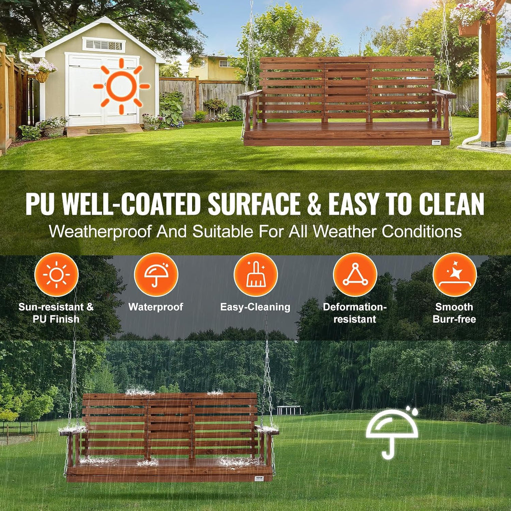 VEVOR Wooden Porch Swing 5 ft, Patio Bench Swing for Courtyard & Garden, Upgraded 880 lbs Strong Load Capacity, Heavy Duty Swing Chair Bench with Hanging Chains for Outdoors, Brown