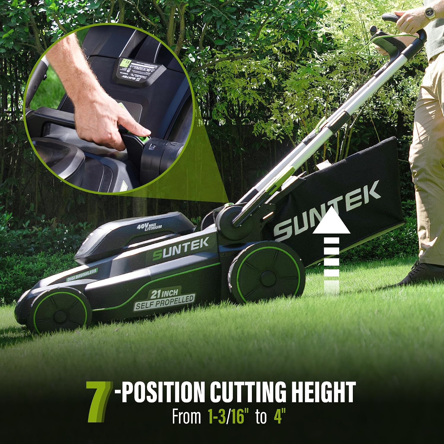 SUNTEK 40V 21-Inch Cordless Lawn Mower, Upgarded Battery Powered Self-Propelled Lawn Mowers, 4.0Ah Lithium-ion Battery and Rapid Charger Included, Digi-Brushless, APP Compatible, SLM4521A