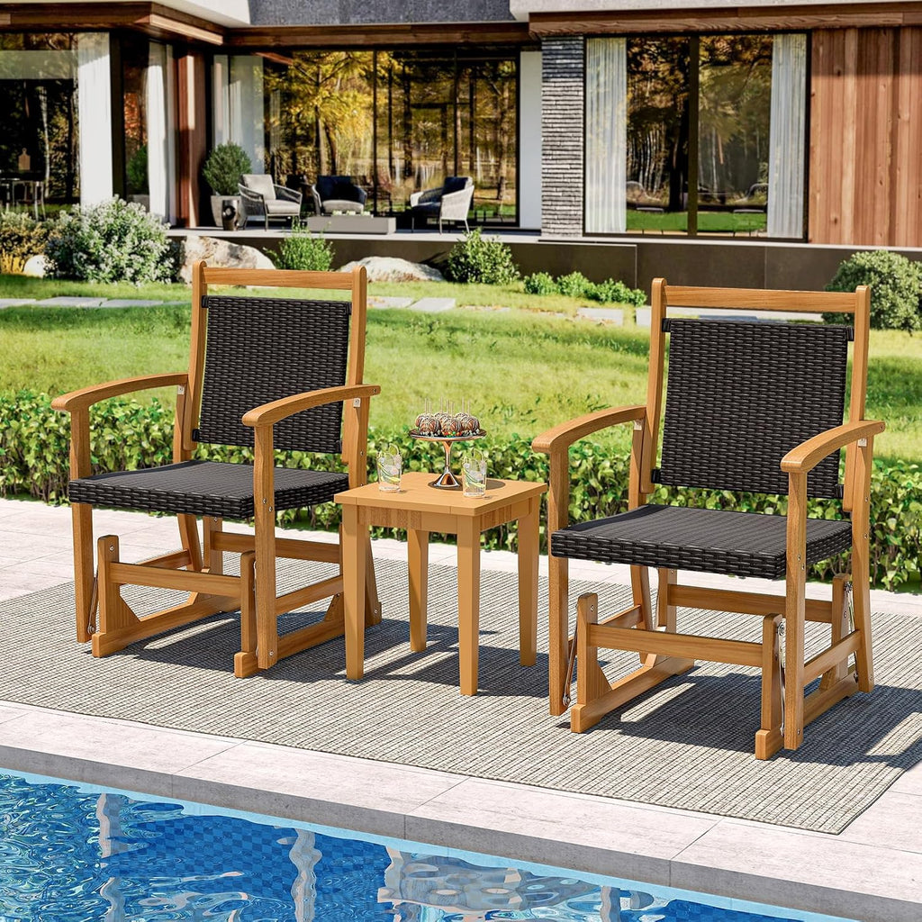 Tangkula Patio Rattan Glider Chair, Swing Gliding Rocker w/Acacia Wood Frame & Wicker Seat Back, Outdoor Rocking Armchair w/Curved Armrests for Porch, Backyard, Poolside (1 Seat-2 Pack)