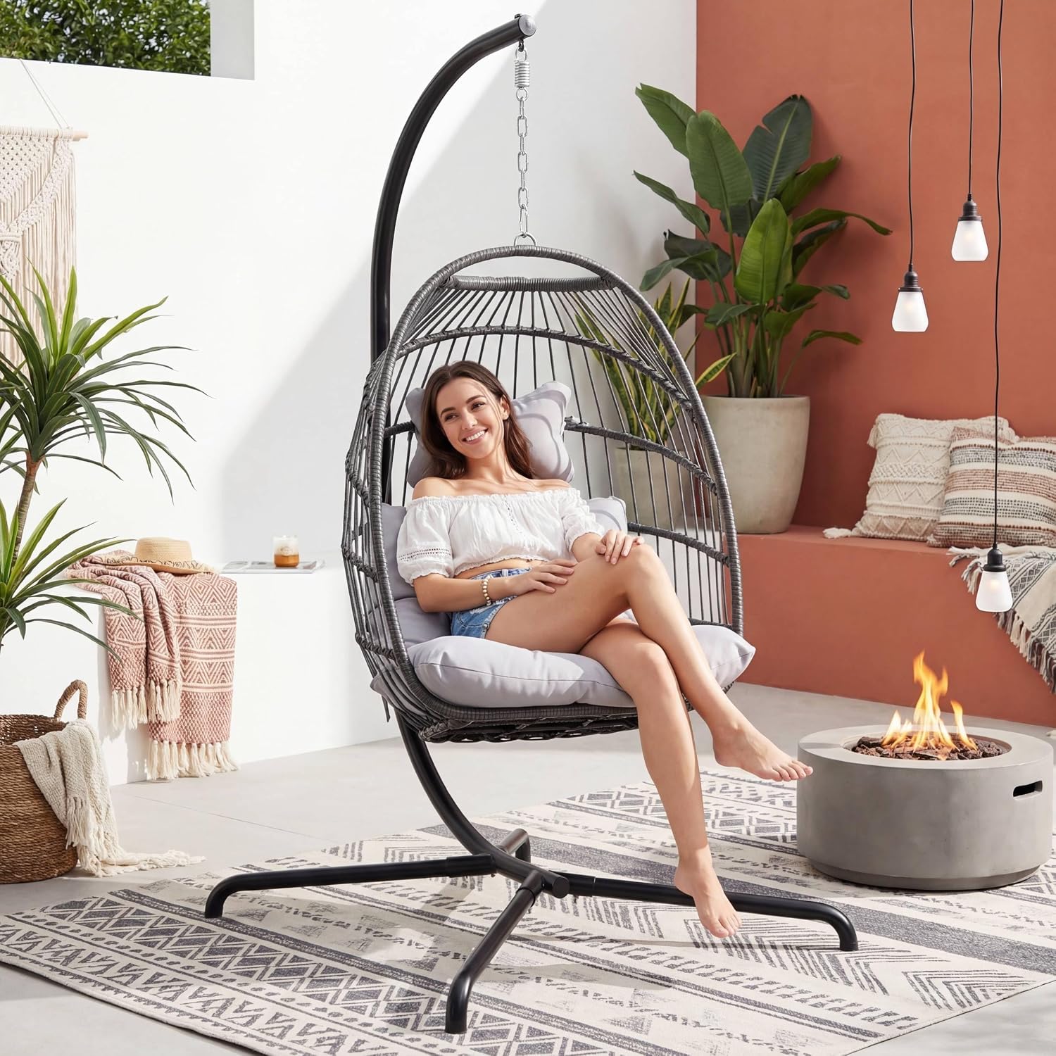RADIATA Outdoor Self-Standing Egg Chair with Stand, 350Lbs Wicker Rattan Hanging Hammock Chair with Comfy Cushion, Single Eggshell Basket Swing Seat for Garden Balcony Bedroom Patio, Light Grey