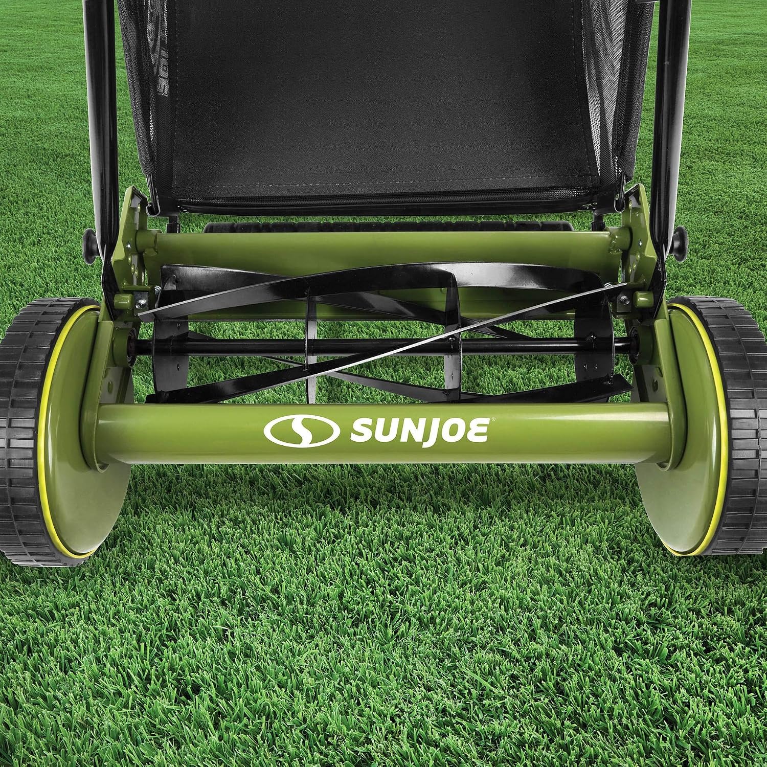 Sun Joe MJ501M w/ 7-Gallon Detachable Grass Catcher, 9-Position Height Adjustment, 5 Steel Blades, Compact Design, 18-Inch Manual, Green/Black
