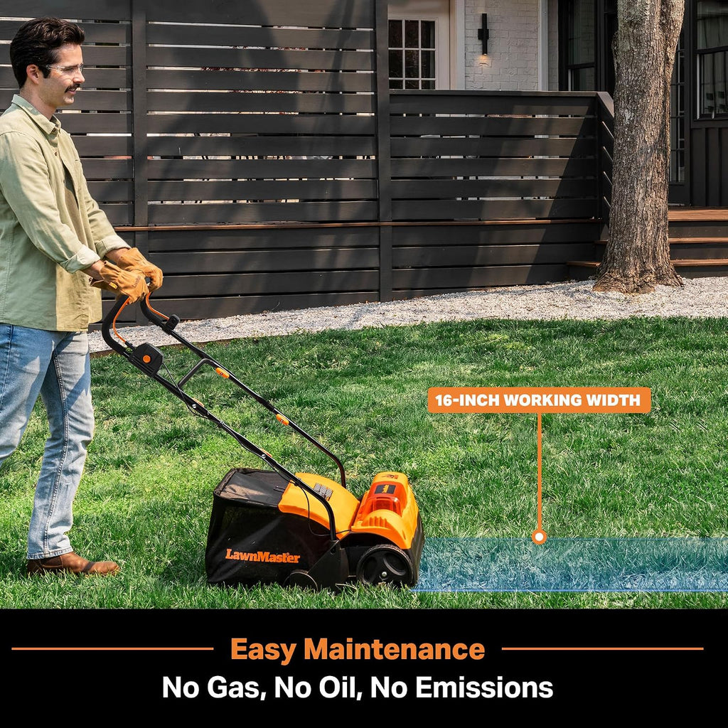 LawnMaster 48V MAX Brushless 16' 2-in-1 Cordless Dethatcher and Scarifier with Removable Thatch Collection Bag Quick-Fold – CLGVB4816
