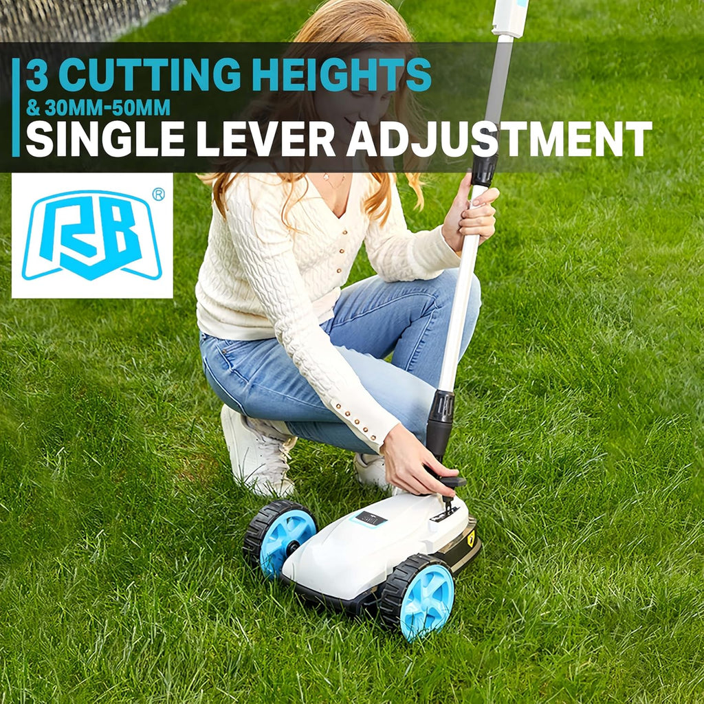 RB 9' Small Lawn Mower for Small Spaces, 40V 2Ah Battery & Charger, Ultra-Light Mini Cordless Lawn Mower with Brushless Motor, 3 Cutting Heights, One-Hand Steering, Upright Storage for Tiny Yards