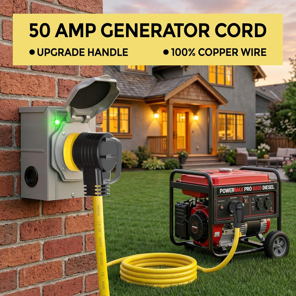 YOMILINK 25 Feet 50 Amp RV/Generator Cord, 100% Copper Wire, NEMA 14-50P to SS2-50R Twist Lock, Newly Designed 90°Grip Handle, 6/3+8/1 Gauge STW Wire