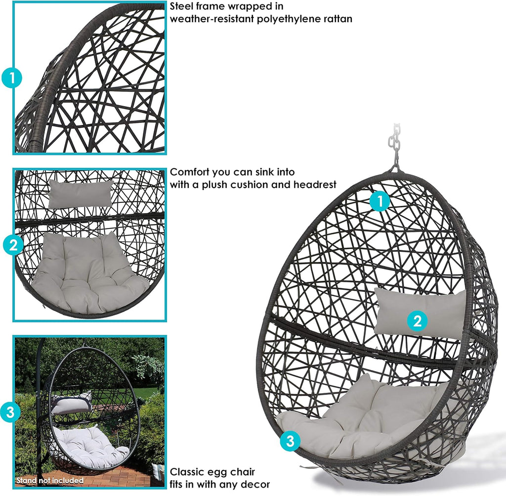 Sunnydaze Caroline Hanging Resin Wicker Egg Chair - 265-Pound Weight Capacity - Removable Gray Polyester Cushions