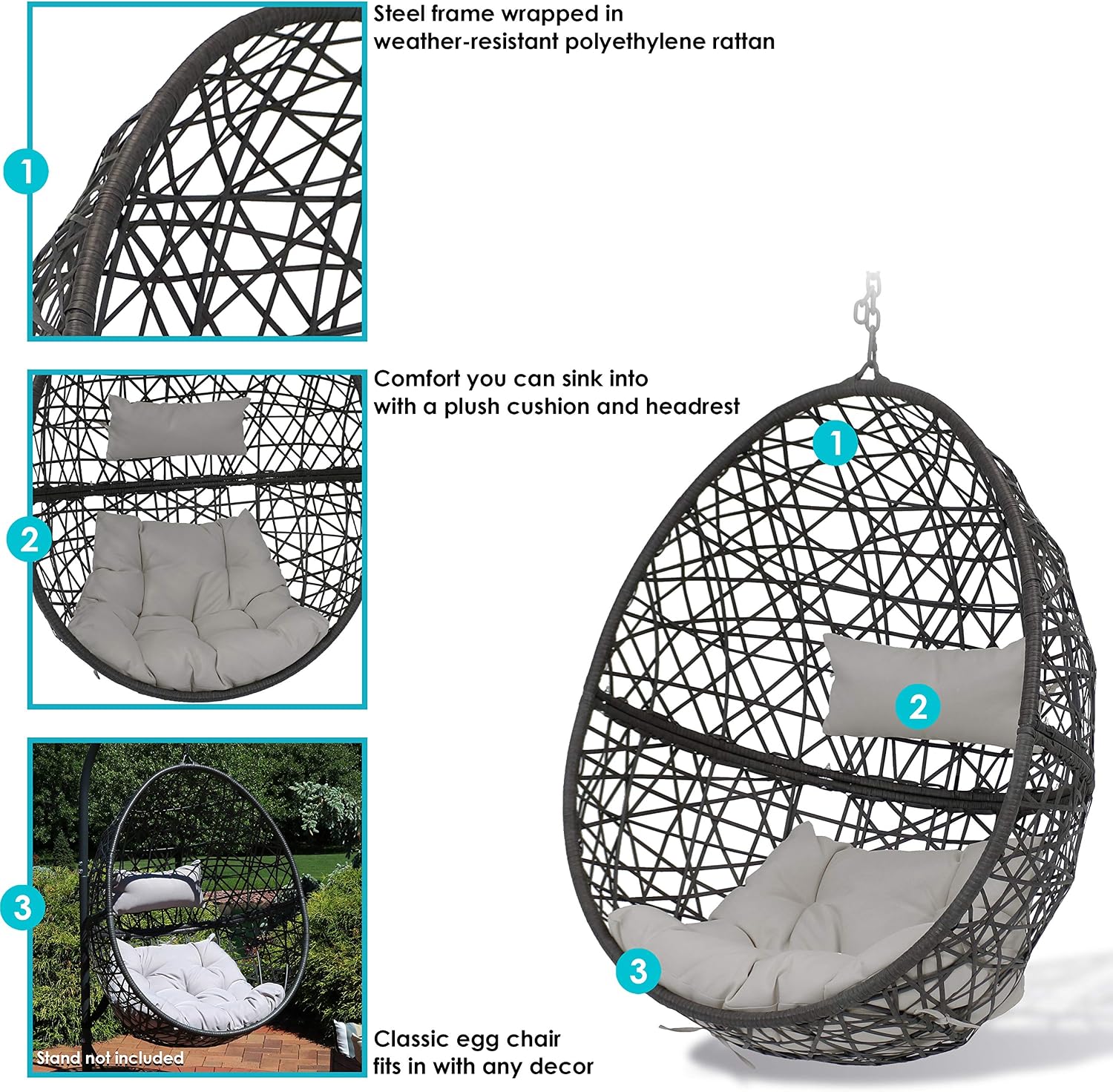 Sunnydaze Caroline Hanging Resin Wicker Egg Chair - 265-Pound Weight Capacity - Removable Gray Polyester Cushions
