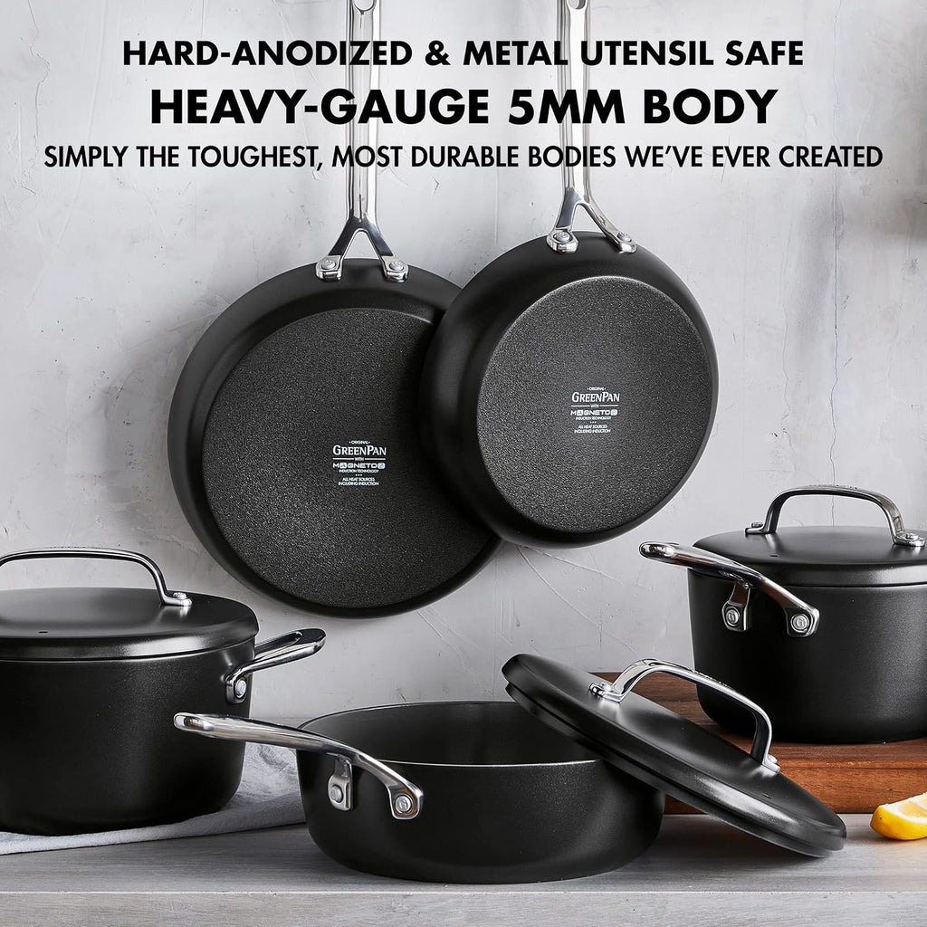 GreenPan GP5 Hard Anodized Healthy Ceramic Nonstick 14 Piece Cookware Pots & Pans Set,Heavy Gauge Scratch Resistant, Stay Flat Surface,Induction, Mirror Finish Handle,Oven Safe, PFAS-Free, Black