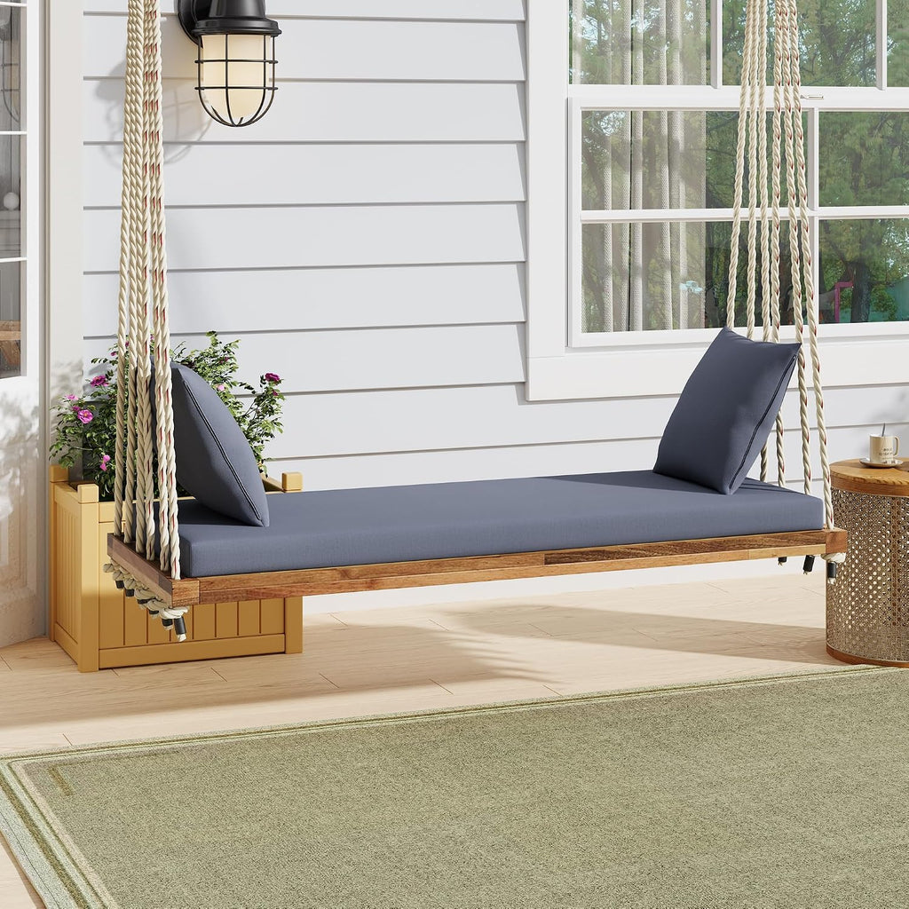 YOPTO Acacia Wood Porch Swing Bench with Cushion & Pillows, 63' Outdoor Hanging Bench for 2 Adults, Rustic Heavy Duty 10.8ft Ropes Swing Daybed for Patio Backyard Garden, White