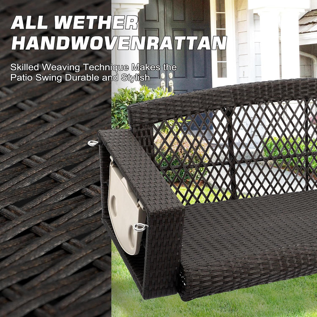 Grepatio Wicker Hanging Porch Swing - Outdoor 3 Person Patio Swing Bench with Cushion & Chains - 3-Seat Porch Swing Chair with Cup Holder for Garden, Yard, Lawn (Khaki Brown Rattan)