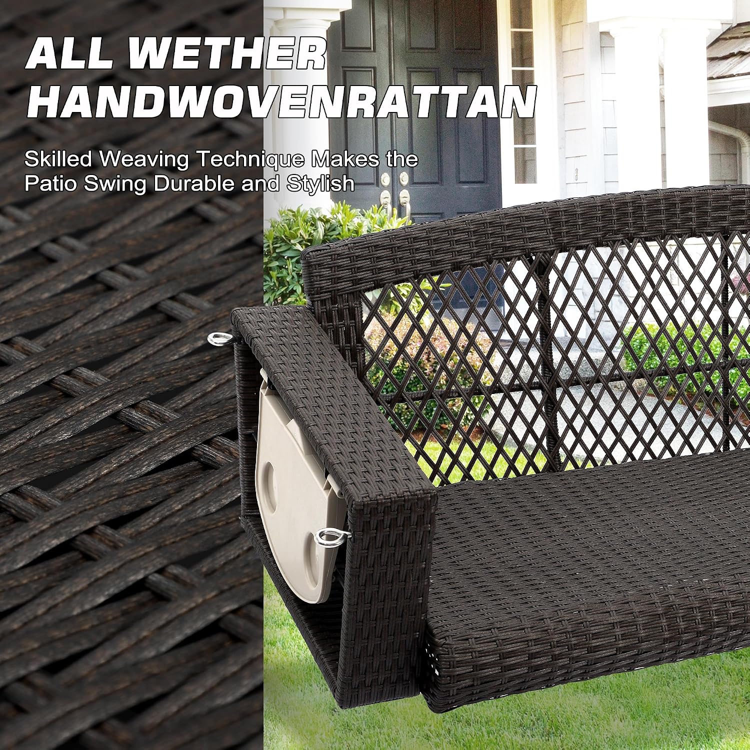 Grepatio 3 Person Porch Swing Patio Wicker Hanging Porch Swing Chair Outdoor Rattan Swing Bench with Cushion and Pillow for Garden, Yard, Lawn (Brown Rattan Khaki Cushion)