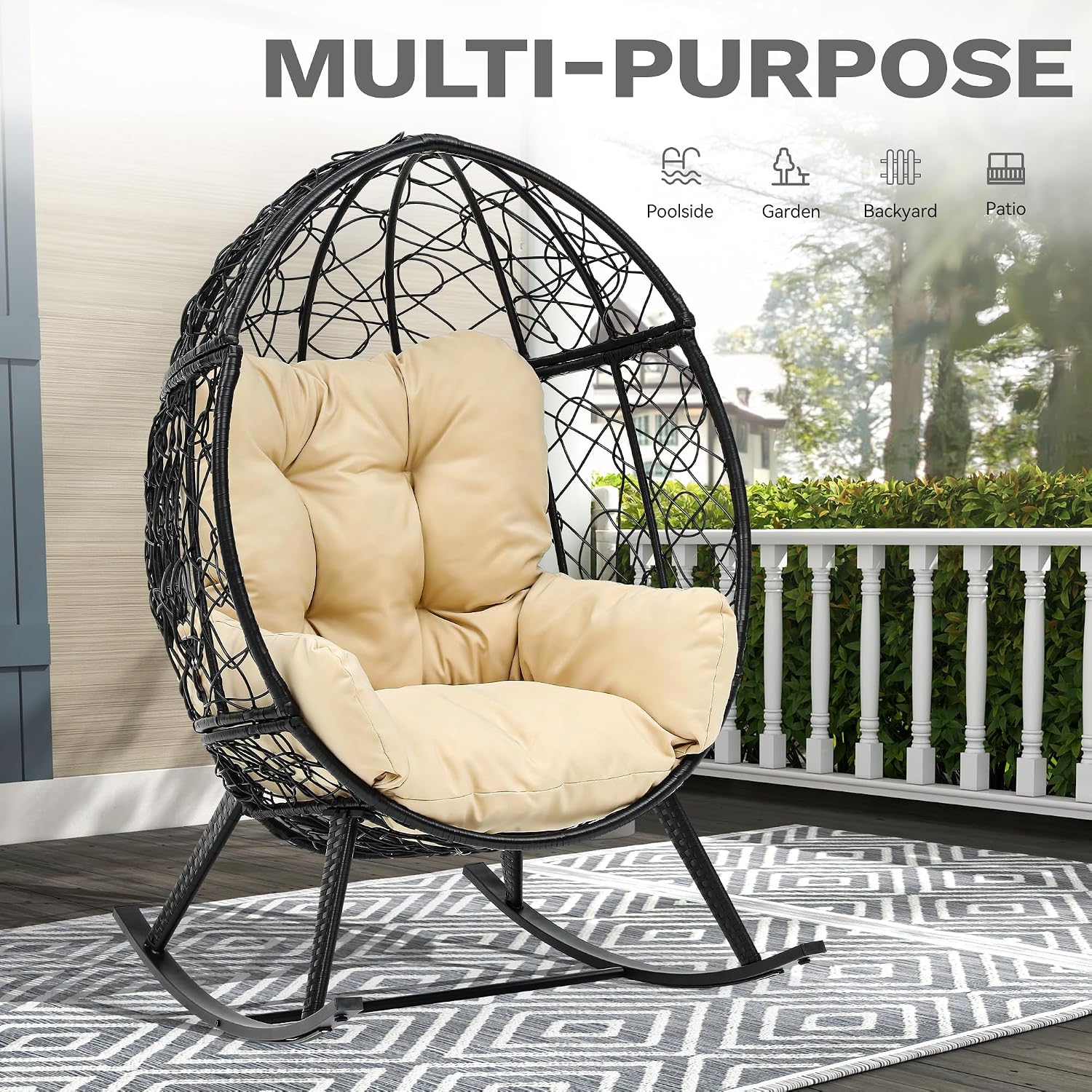 DWVO Wicker Rocking Egg Chair, Oversized Indoor Outdoor Rattan Rocking Chair, Indoor Outdoor Lounger for Patio, Backyard, Living Room, Black & Beige