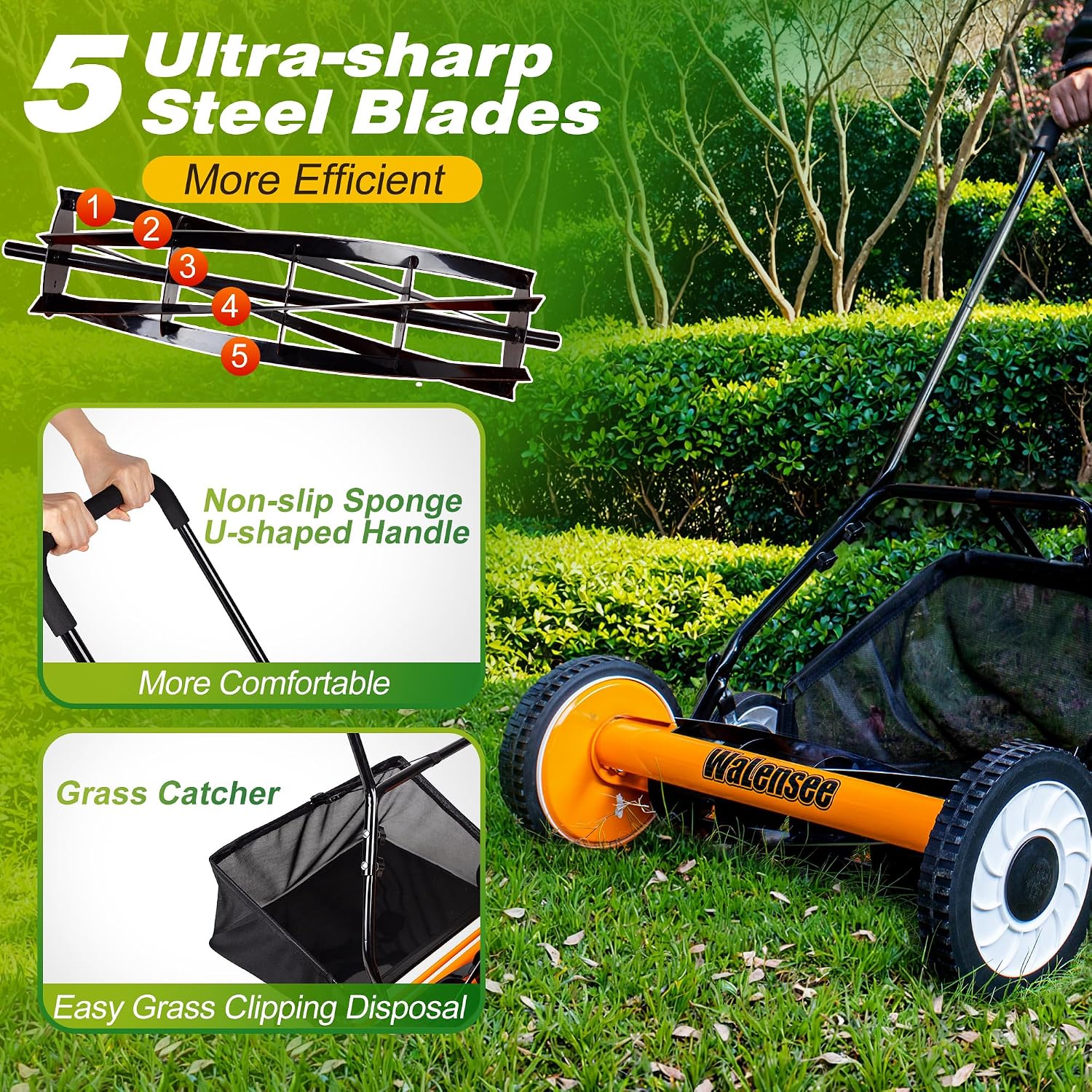 Walensee 20-Inch 5-Blade Push Reel Lawn Mower, Cordless Manual Reel Lawn Mower Walk-Behind Steel Lawn Mowers with Removable 11.8-Gallon Grass Catcher, Sponge Grip, 9-Position Cutting Height Adjustment