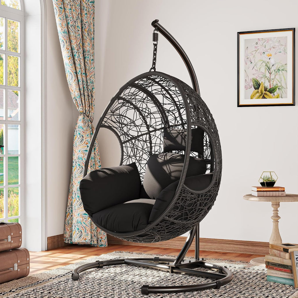 KEIKI Hanging Egg Chair with Stand Outdoor, 400LBS Capacity Patio Swing Chair with Cushion, Weatherproof PE Rattan Hammock Chair for Bedroom Balcony Garden, Waterproof Cover Included, Grey