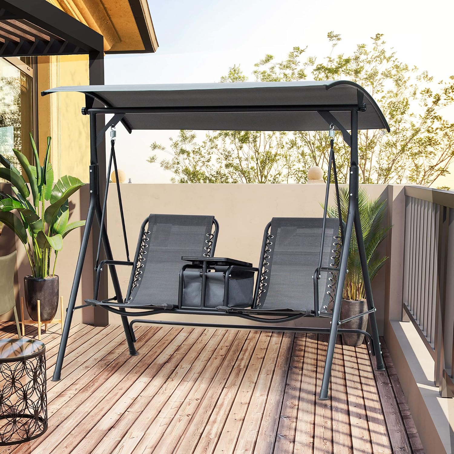 Outsunny 2-Seater Patio Swing Chair, Outdoor Canopy Swing Glider with Pivot Storage Table, Cup Holder, Adjustable Shade, Bungie Seat Suspension and Weather Resistant Steel Frame, Gray