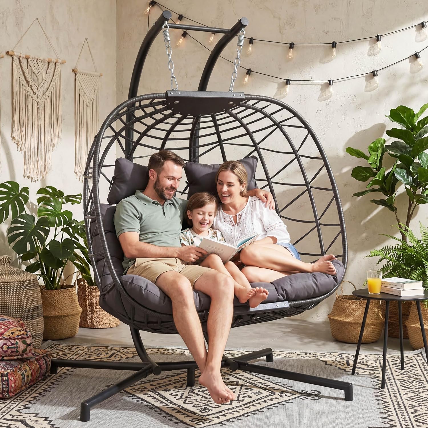RADIATA 2 Person Hanging Egg Chair with Stand, Extra Large Cozy Outdoor Double Swing Chairs, Oversized Hammock Chair, Indoor Patio Wicker Loveseat with Cushion for Backyard Balcony, Dark Gray