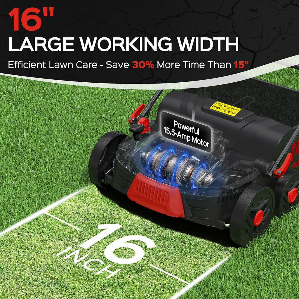 TIECTOWN 16-Inch 15.5 Amp 2-in-1 Electric Dethatcher and Scarifier with 14.5-Gallon Collection Bag, Lawn Dethatcher with 5-Position Depth Adjustment, Blade Replacement Without Tool - Red