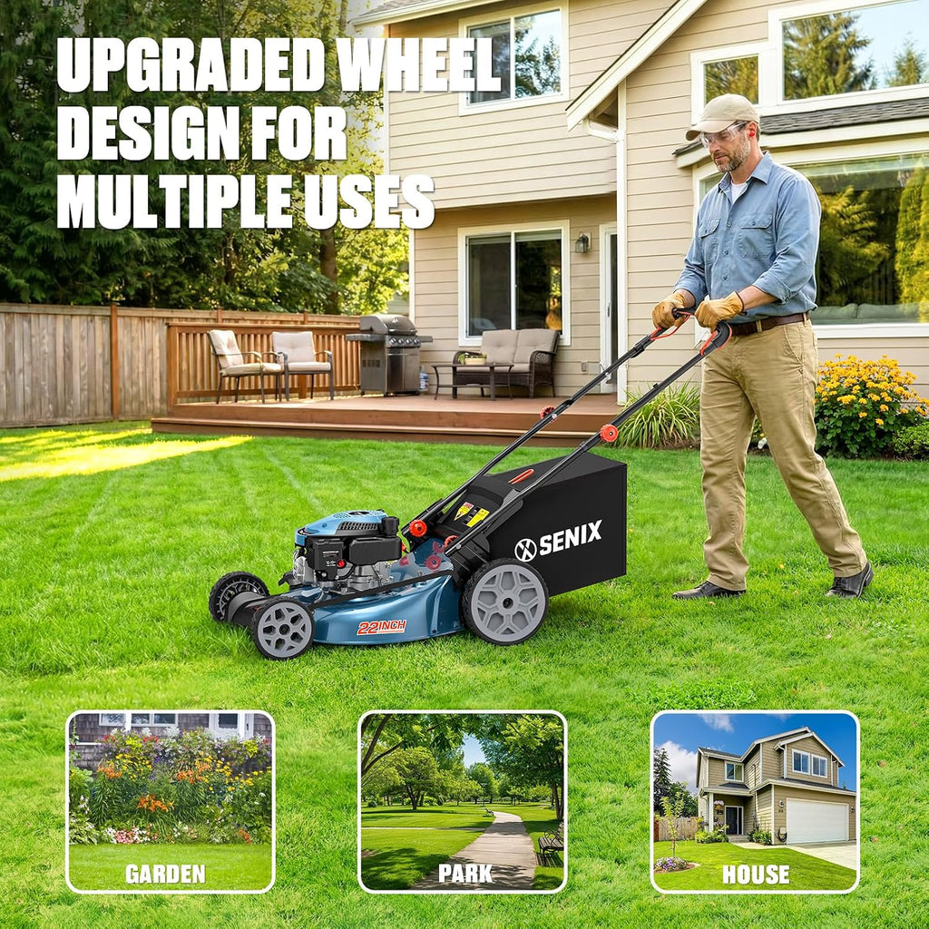 SENIX 22' Self-Propelled Gas Lawn Mower, Gas Powered Lawn Mower,170cc 4-Cycle Engine, Easy Start, 3-in-1 Mulching Bagging Side Discharge, 6 Cutting Height(1.25' - 4'), Durable Steel Deck,Foldable