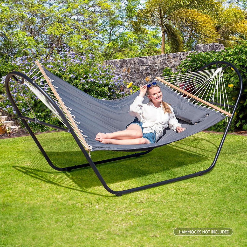 SUNCREAT Universal Steel Outdoor Hammock Stand Only, Heavy Duty, Weather-Resistant Hammock Stand for Outside, Fits 9.5 to 14 Feet Long Hammock, 475-Pound Capacity, Patent Pending, Black