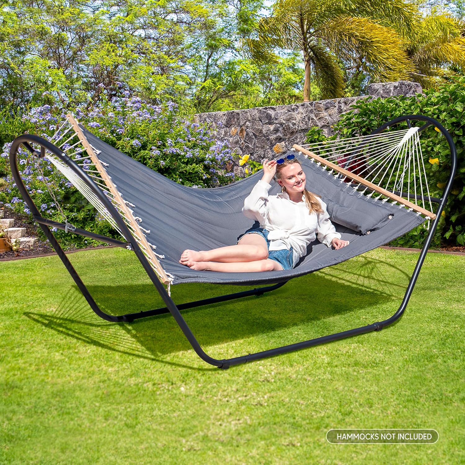 SUNCREAT Universal Steel Outdoor Hammock Stand Only, Heavy Duty, Weather-Resistant Hammock Stand for Outside, Fits 9.5 to 14 Feet Long Hammock, 475-Pound Capacity, Patent Pending, Black