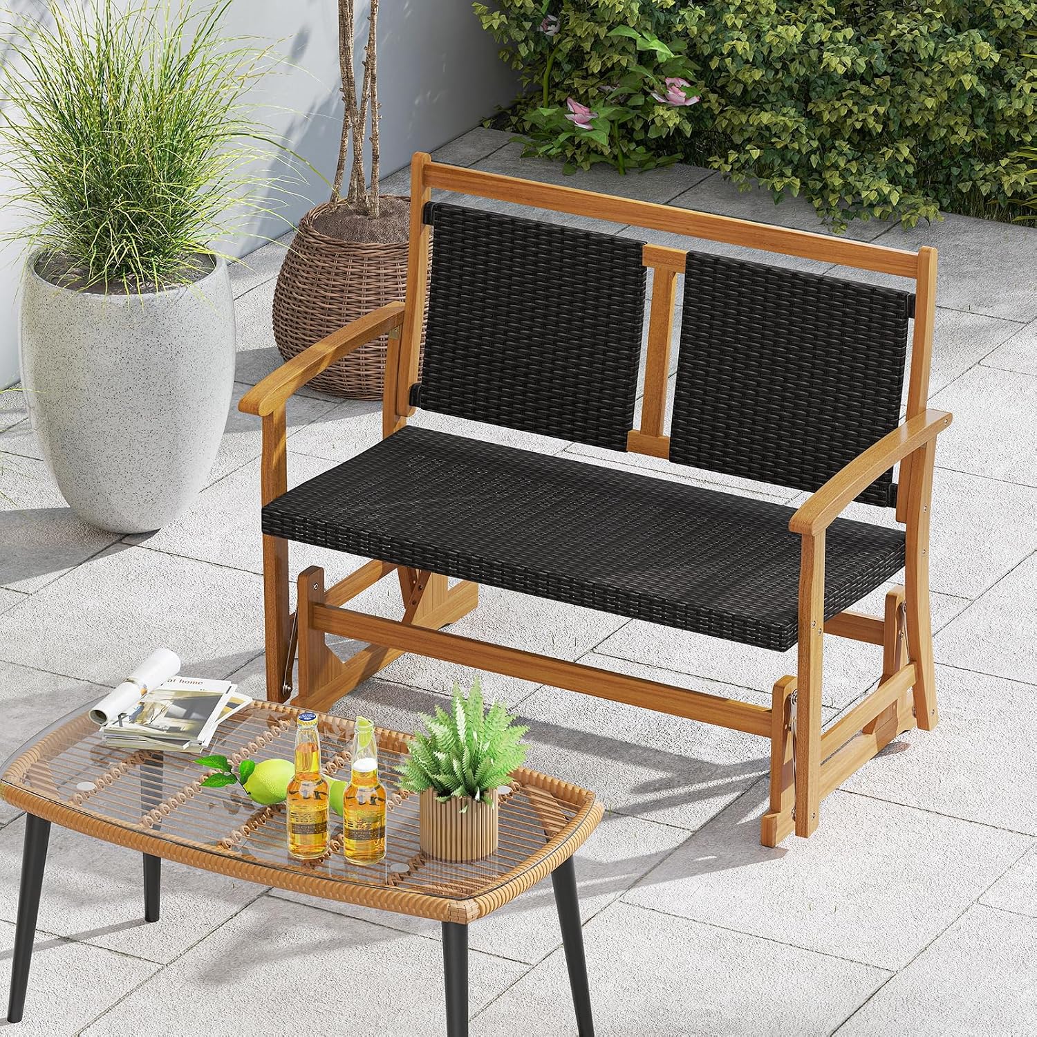 Tangkula Patio Rattan Glider Bench, Swing Gliding Rocker w/Acacia Wood Frame & Wicker Seat Back, Outdoor Rocking Armchair w/Curved Armrests for Porch, Backyard, Poolside (2 Seat)