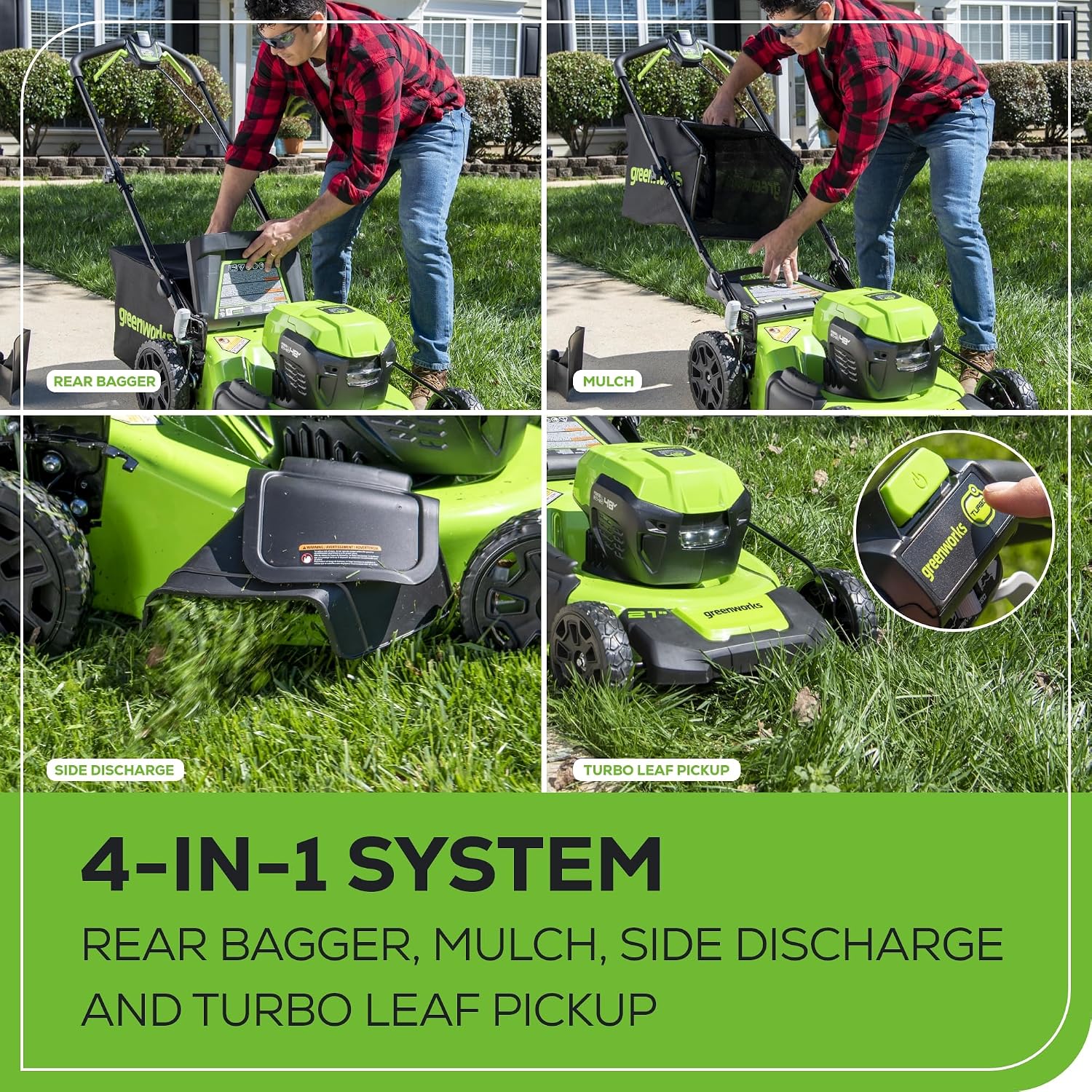 Greenworks 48V (24V x 2) 21' Brushless Self-Propelled Mower+12' String Trimmer+320CFM Blower,(2) 5.0Ah Batteries and 4A Dual Port Charger