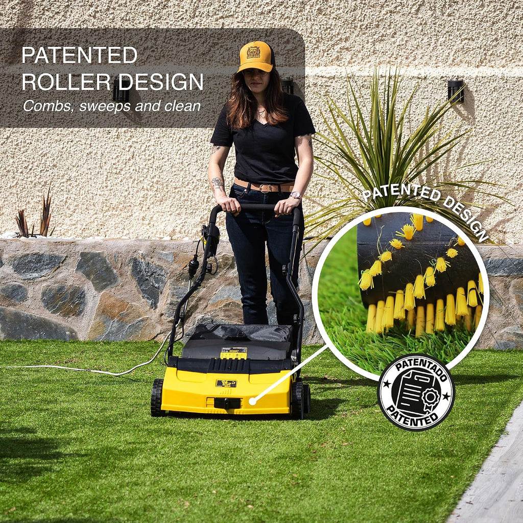 Artificial Turf Sweeper by Roll & Comb, Corded Electric Turf Comb for Synthetic Grass, 16' Working Width, 40L Leaf Collector, 1,600W Motor, Model 502e, 39.5lb