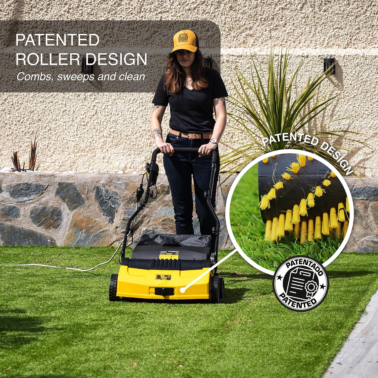 Artificial Turf Sweeper by Roll & Comb, Corded Electric Turf Comb for Synthetic Grass, 16' Working Width, 40L Leaf Collector, 1,600W Motor, Model 502e, 39.5lb