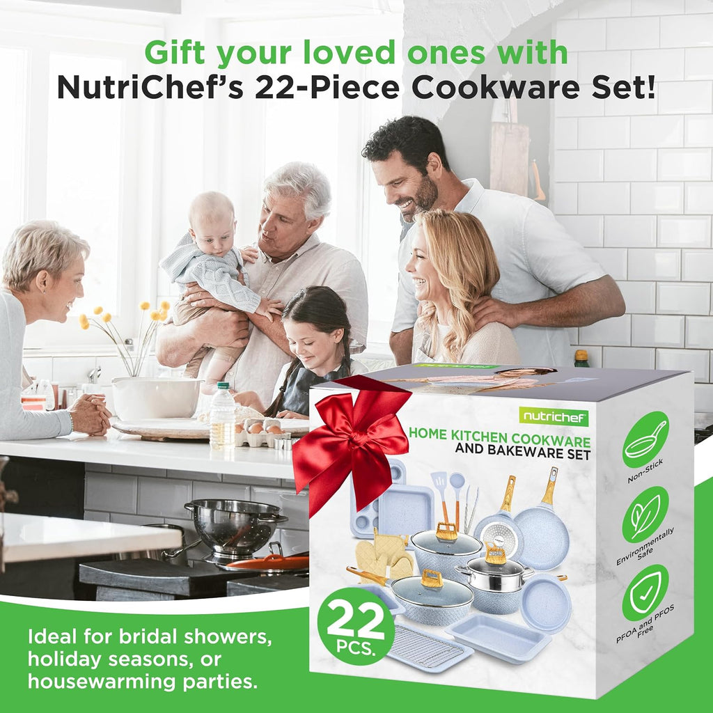 NutriChef 22‑Piece Non‑Stick Ceramic Pots and Pans Set – For All Cooktops Including Induction – PTFE & PFAS Free, Includes Bakeware & Utensils