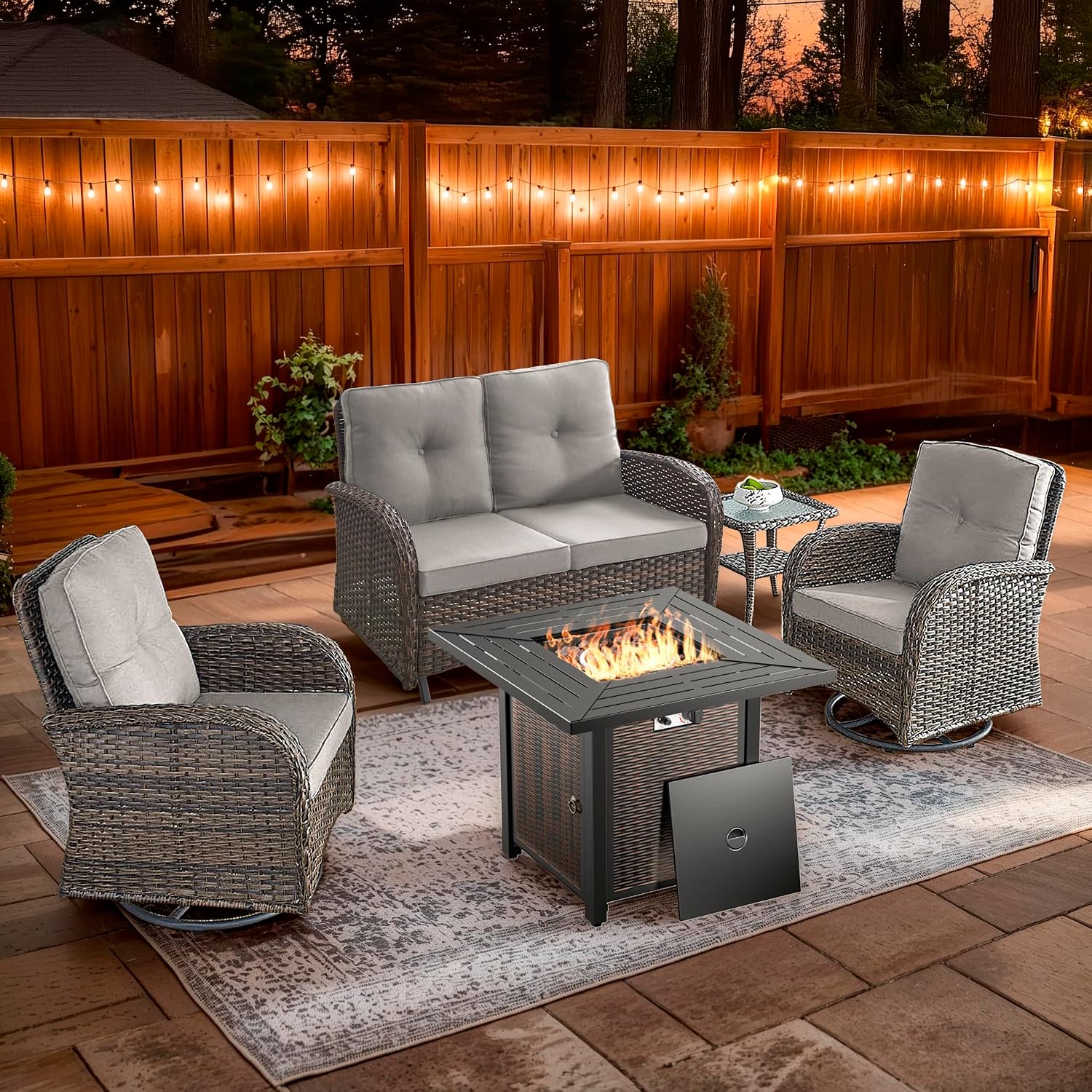 5 Piece Patio Furniture Set with Fire Pit Table - Wicker Patio Conversation Set with Swivel Glider, Glider Loveseat, Tempered Glass Side Table for Deck Backyard - Brown Wicker Beige Cushion