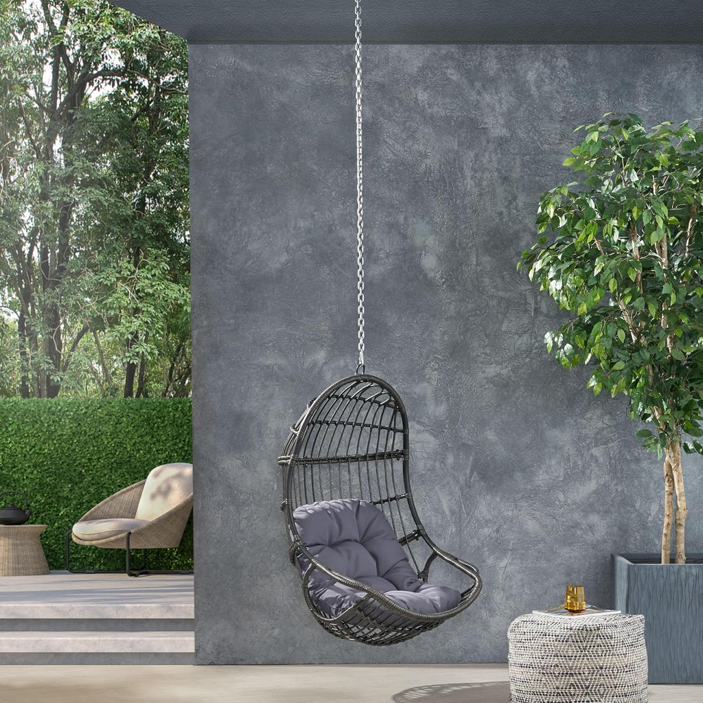 Wicker Egg Chair, Hanging Chair with 8FT Chain, Wicker Lounge Chair with Water Resistant Cushion, Indoor Outdoor Lounger for Patio, Backyard, Living Room, Only Chair (Gray-No Stand)