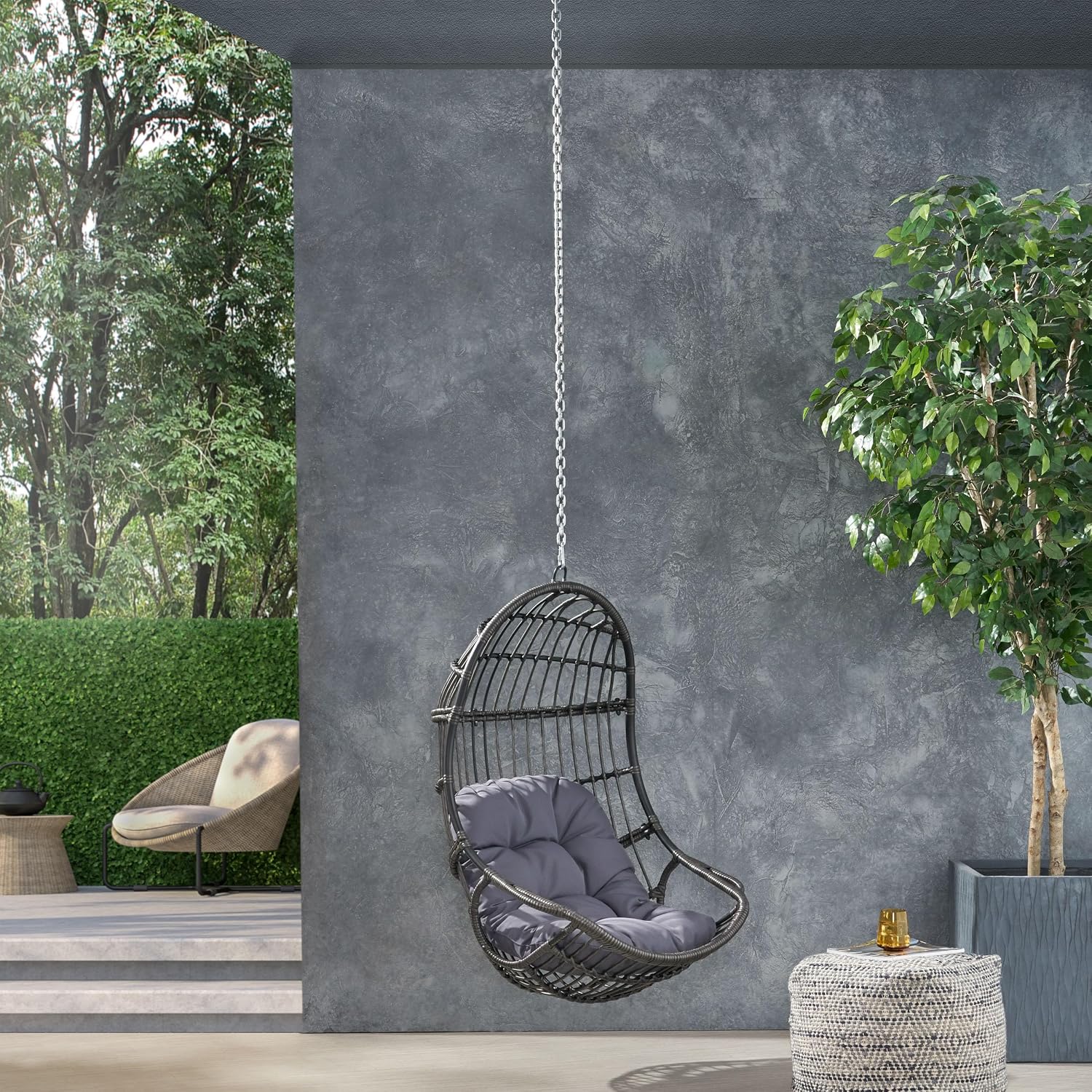 Wicker Egg Chair, Hanging Chair with 8FT Chain, Wicker Lounge Chair with Water Resistant Cushion, Indoor Outdoor Lounger for Patio, Backyard, Living Room, Only Chair (Gray-No Stand)