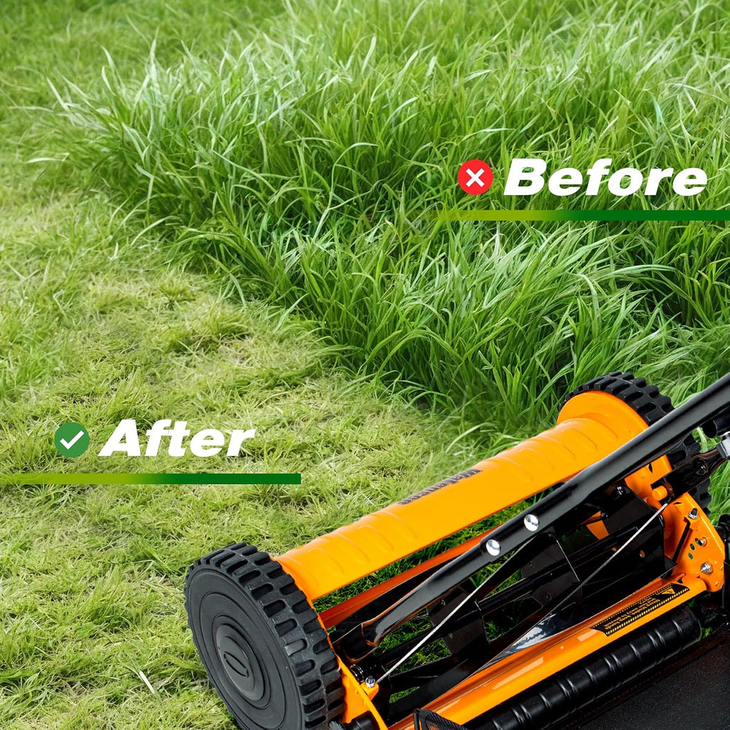 Walensee 16-Inch 5-Blade Push Reel Lawn Mower, Cordless Manual Reel Lawn Mower Walk-Behind Steel Lawn Mowers with Removable 7.9-Gallon Grass Catcher, Sponge Grip, 4-Position Cutting Height Adjustment