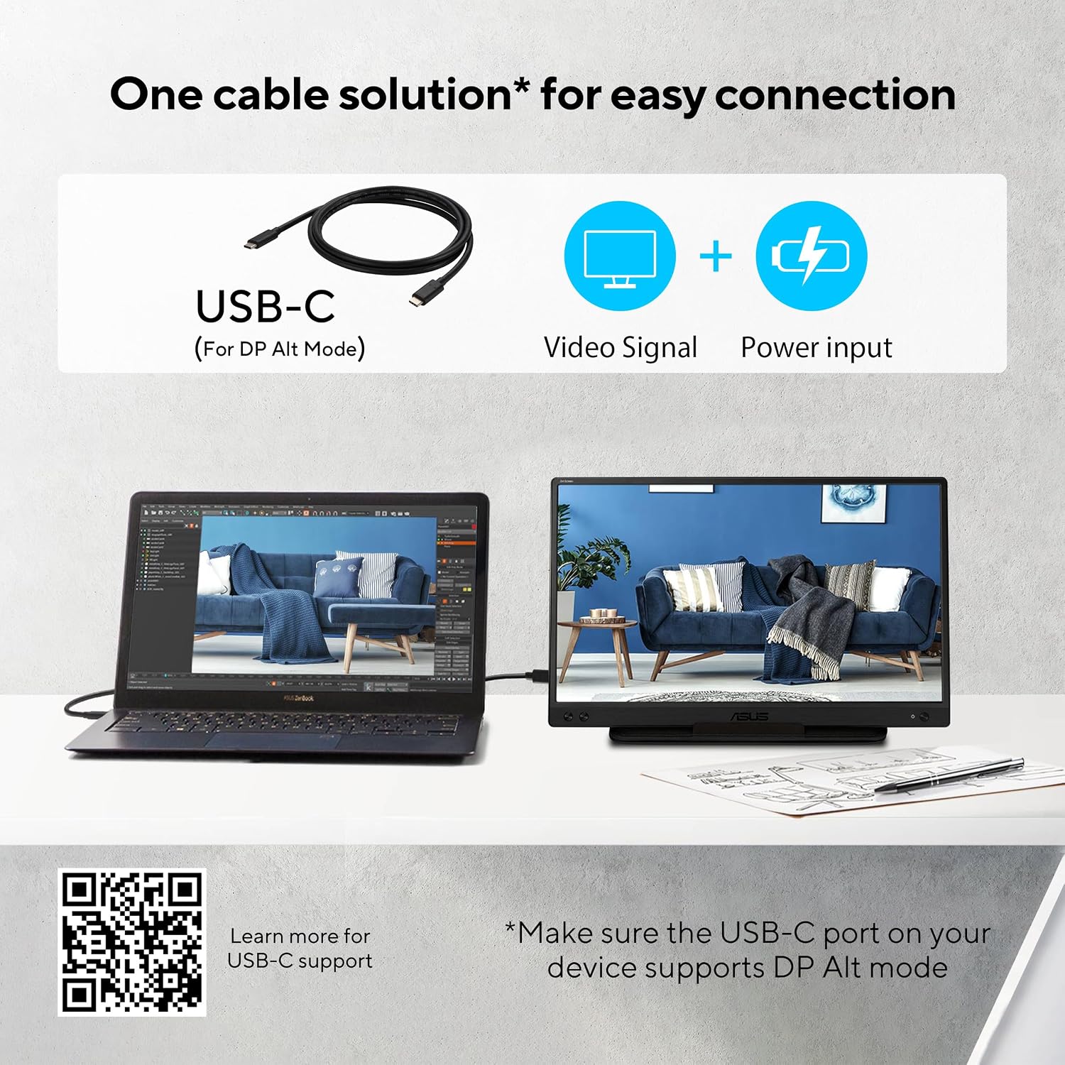 ASUS ZenScreen 15.6' 1080P Portable USB Monitor (MB166C) - Full HD, IPS, USB Type-C, USB-Powered, Eye Care, Flicker Free, Blue Light Filter, Tripod Mountable, Anti-Glare Surface, Protective Sleeve
