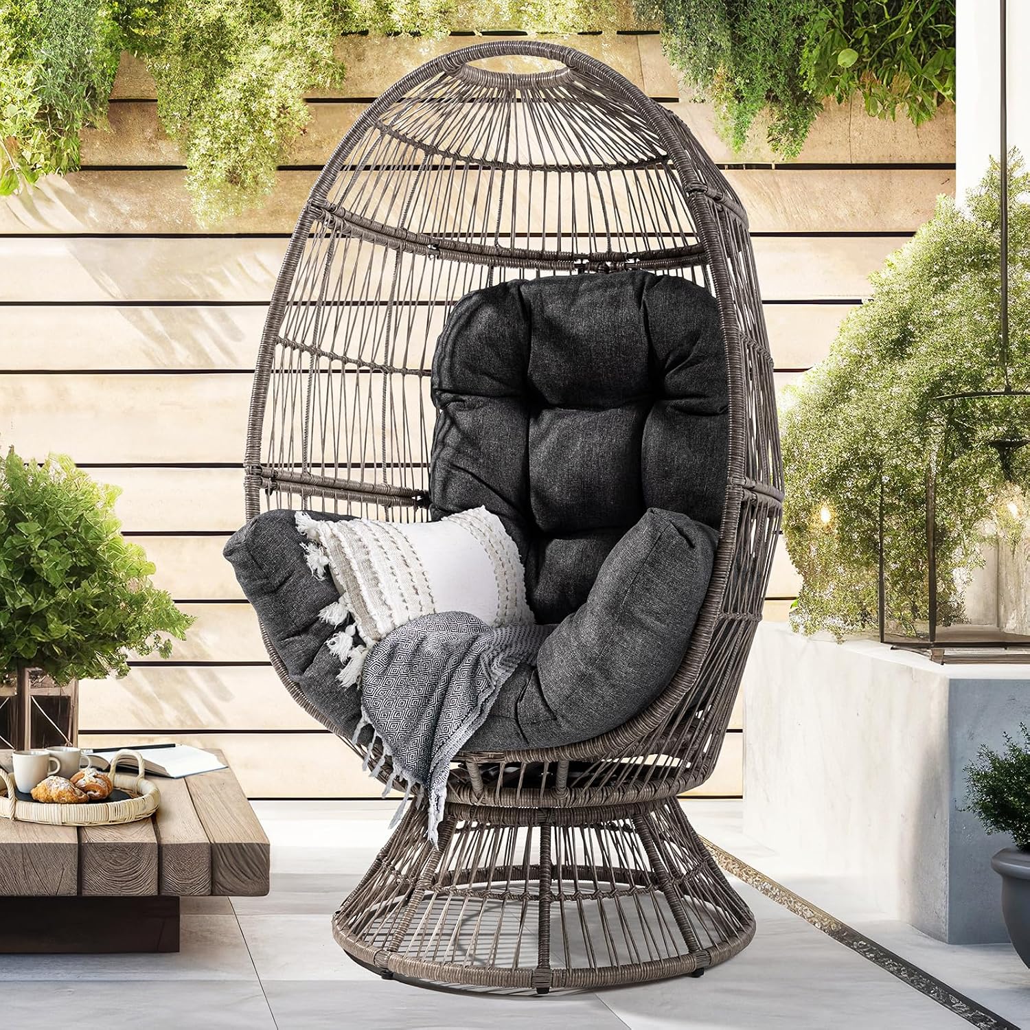 Bme Heavy Duty 400 lbs Capacity Wicker Egg Chair for Outside & Indoor, 360 Degree Smooth Swivel Mechanism, UV 2000 Hours Material with Flame Retardant Tested Cushion, Durable Against Water, Weather