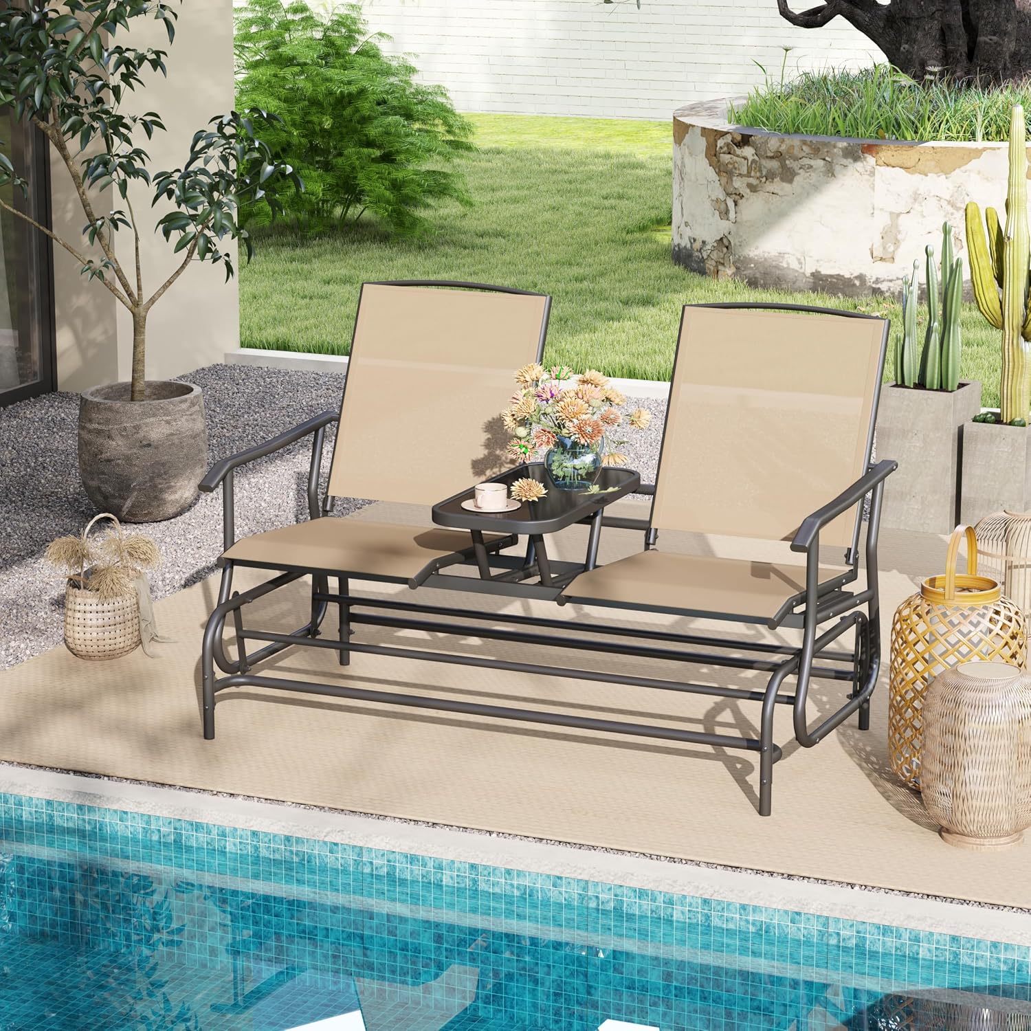 Tangkula 2 Person Swing Glider Chair, Patio Rocking Loveseat w/Center Tempered Glass Table, Outdoor Swing Bench w/Steel Frame & Breathable Mesh Fabric for Porch, Balcony, Poolside (Beige)