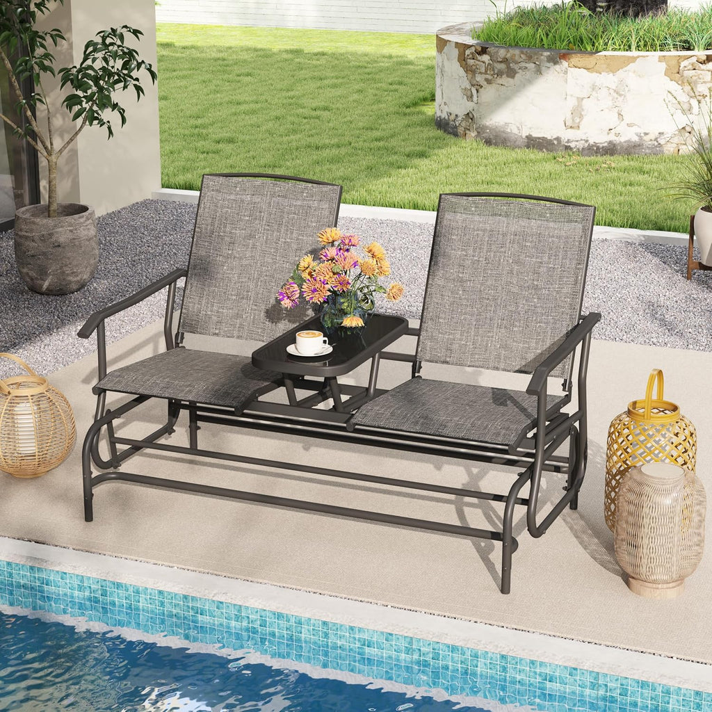 Tangkula 2 Person Swing Glider Chair, Patio Rocking Loveseat w/Center Tempered Glass Table, Outdoor Swing Bench w/Steel Frame & Breathable Mesh Fabric for Porch, Balcony, Poolside (Grey)
