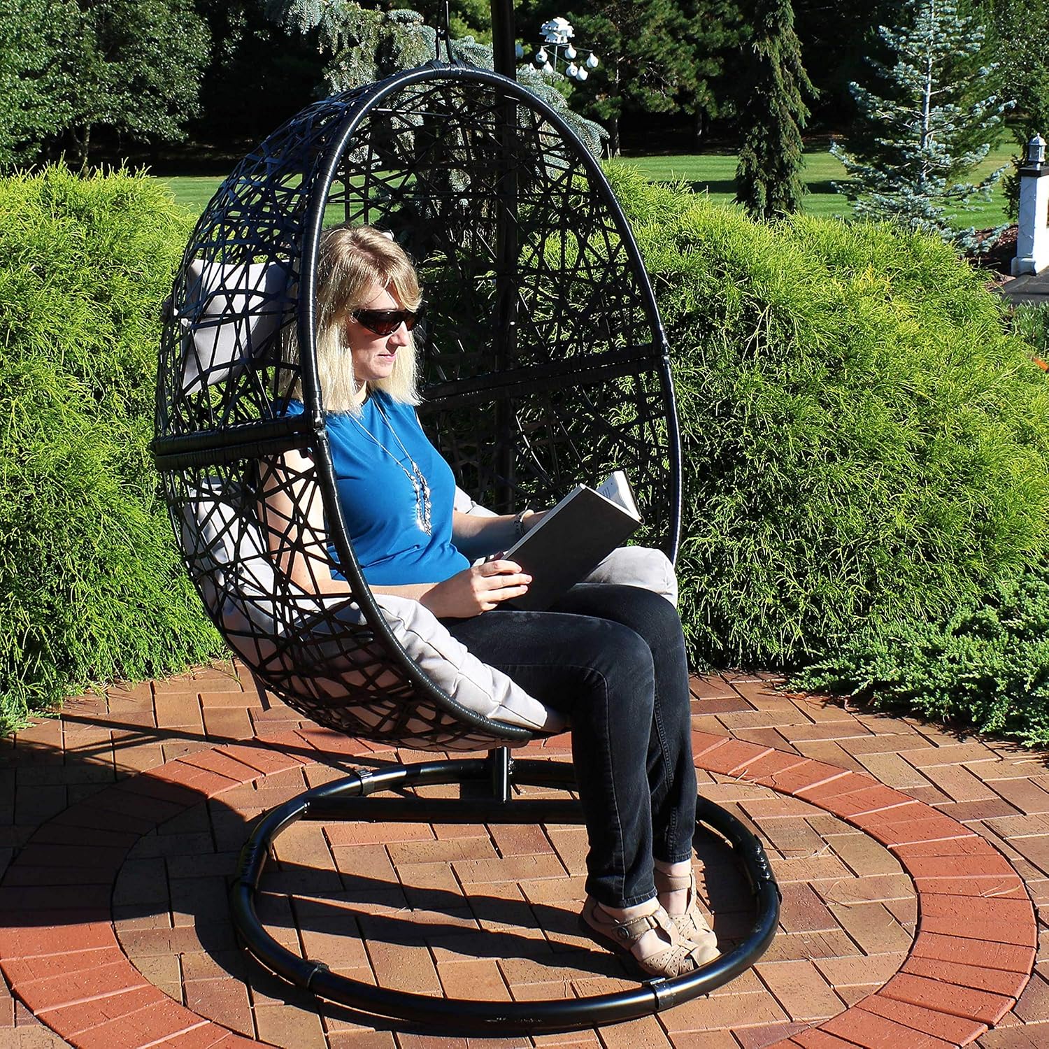 Sunnydaze Jackson Resin Wicker Hanging Egg Chair - 265-Pound Weight Capacity - Removable Gray Polyester Cushions