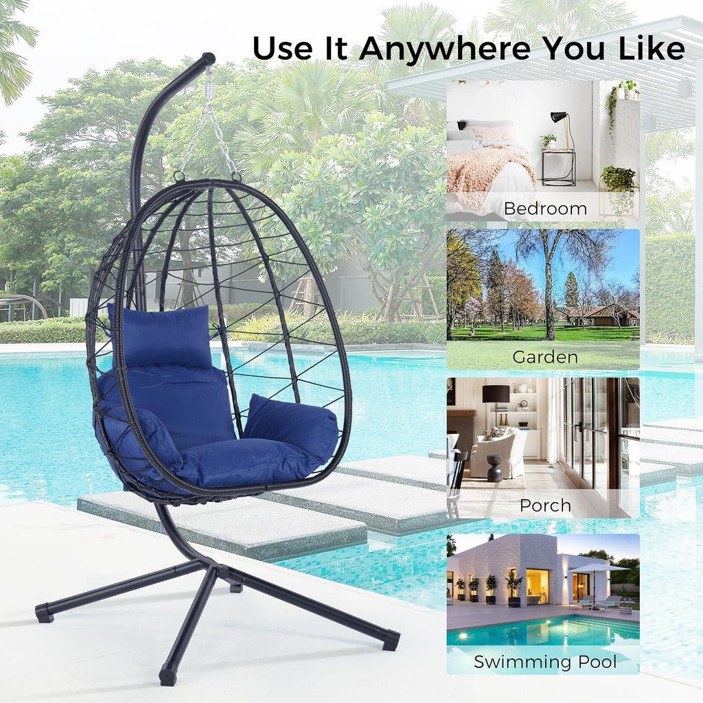 KEIKI Hanging Egg Chair with Stand, Outdoor Patio Swing Egg Basket with Cushion, 350LBS Load Rattan Wicker Hammock for Balcony, Bedroom, Living Room, Navy Blue