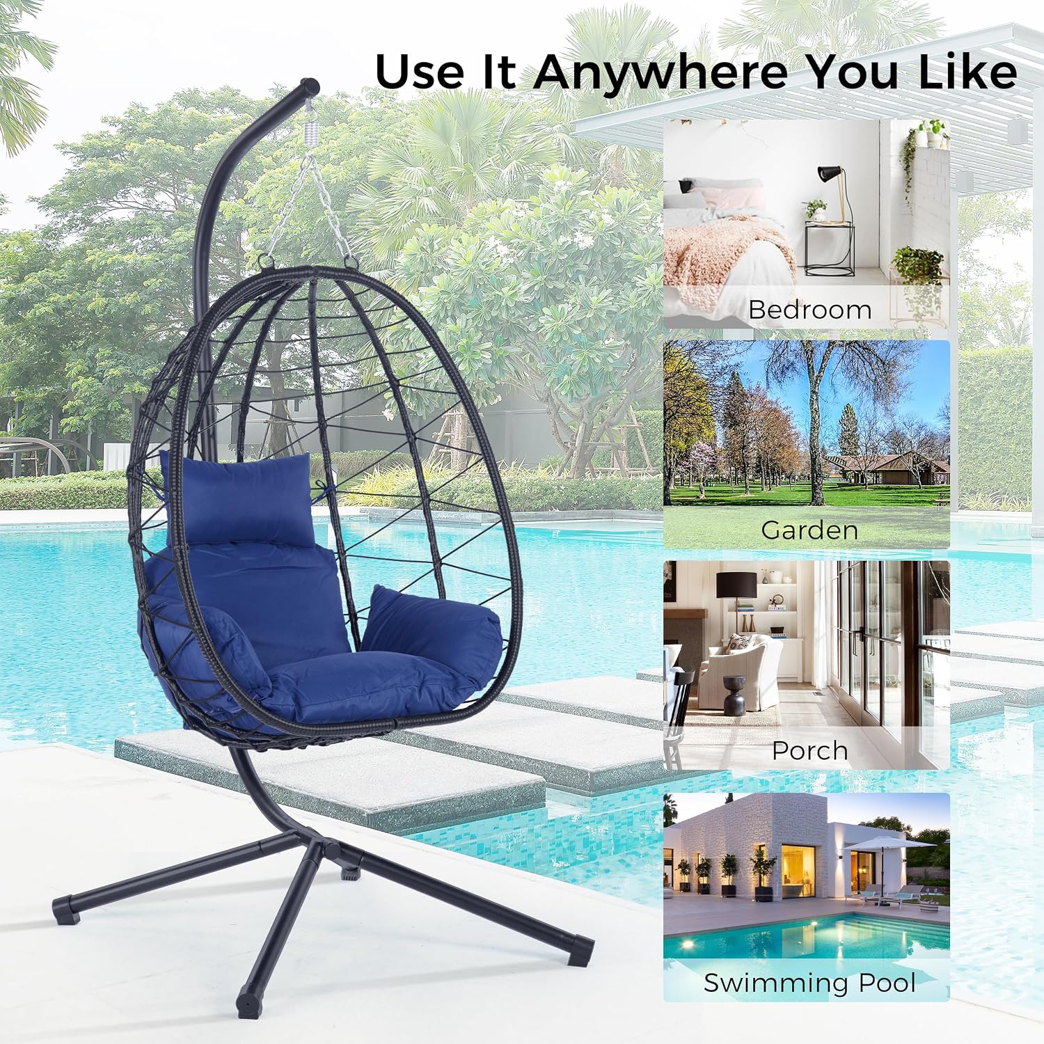 KEIKI Hanging Egg Chair with Stand, Outdoor Patio Swing Egg Basket with Cushion, 350LBS Load Rattan Wicker Hammock for Balcony, Bedroom, Living Room, Navy Blue