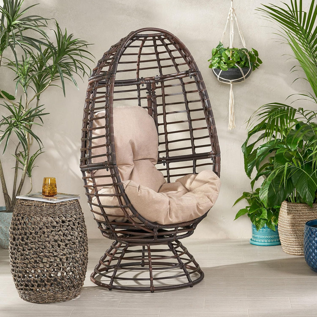 Wicker Egg Chair, Wicker Lounge Chair with Water Resistant Cushion, Indoor Outdoor Lounger for Patio, Backyard, Living Room (Dark Brown)