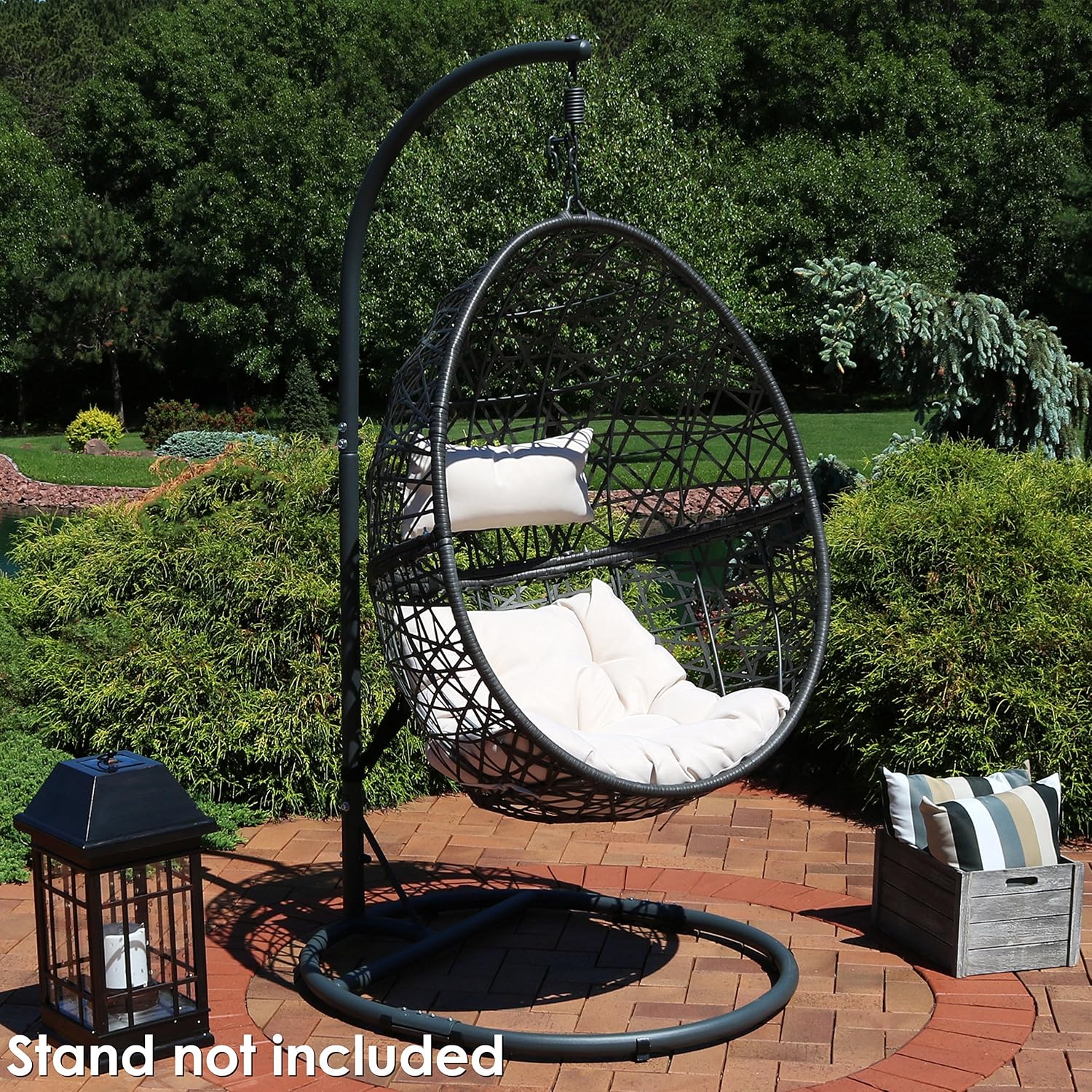 Sunnydaze Caroline Hanging Resin Wicker Egg Chair - 265-Pound Weight Capacity - Removable Beige Polyester Cushions