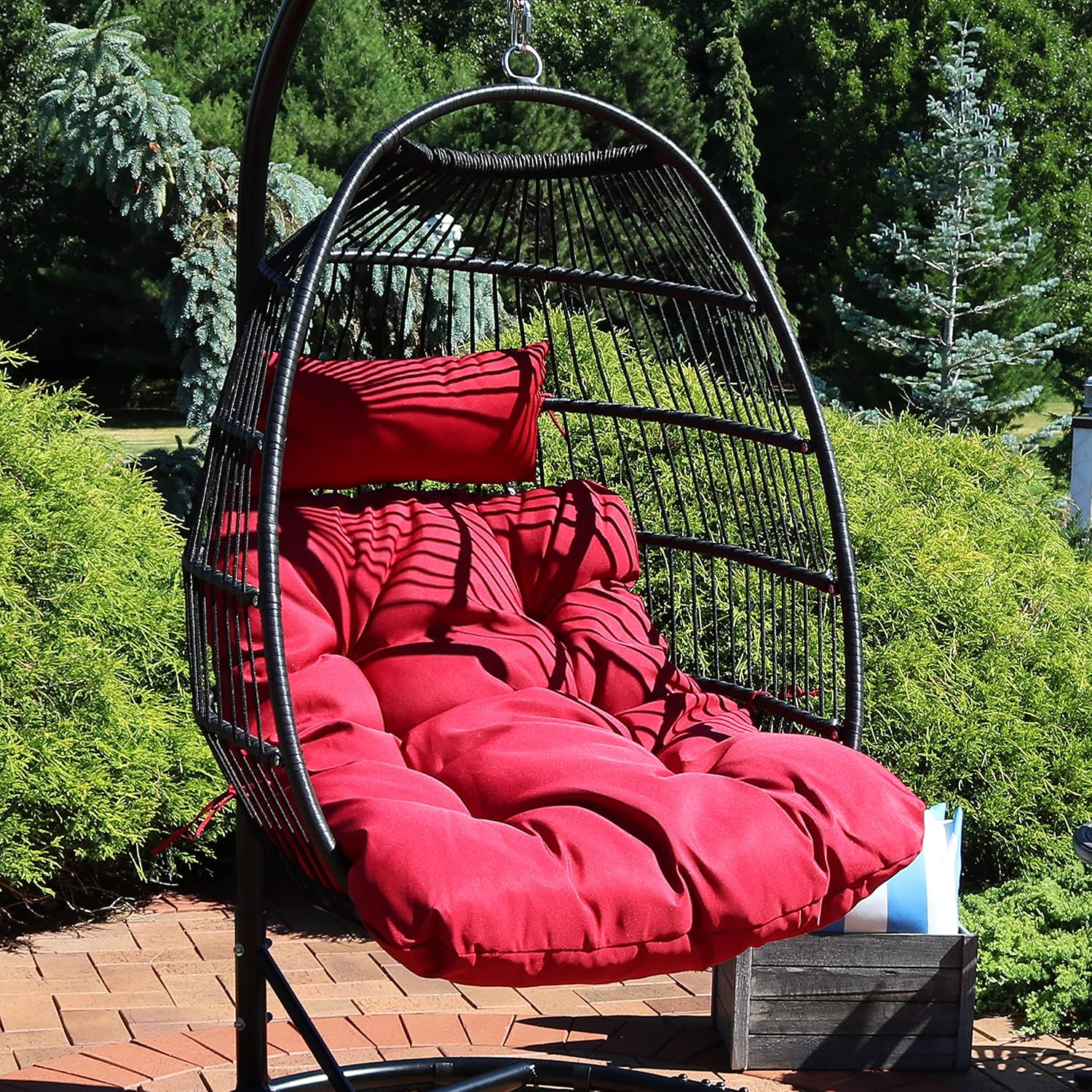 Sunnydaze Julia Hanging Egg Chair - Black Polyethylene Wicker Frame with Red Polyester Cushions - 44 Inches Tall