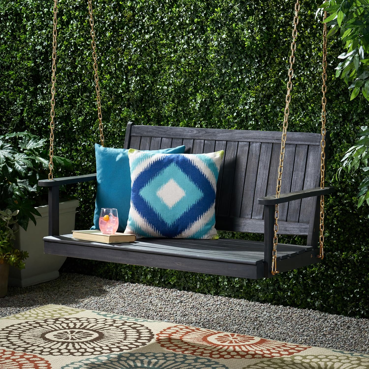 Villa Garden Hanging Solid Wood Leisure Rocking Chair Thickened with Galvanized Reinforcement Chain Suitable for Indoor and Outdoor Use