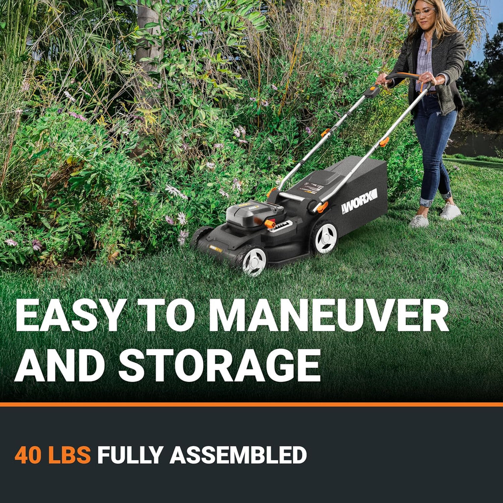 WORX 17'' Cordless Lawn Mower, 2 in 1 Electric Mower Cuts to Edge, Compact & Lightweight Push Lawn Mower with 6-Position Height Adjustment for Medium Size Yards, 2 Batteries & Charger Included, WG745