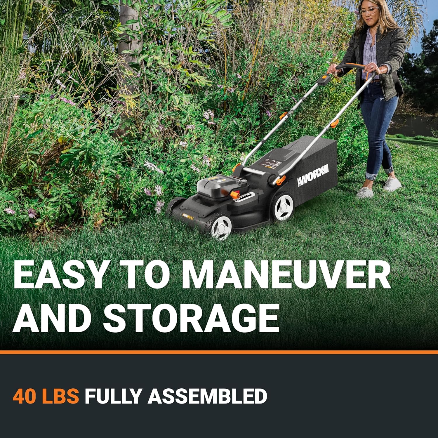 WORX 17'' Cordless Lawn Mower, 2 in 1 Electric Mower Cuts to Edge, Compact & Lightweight Push Lawn Mower with 6-Position Height Adjustment for Medium Size Yards, 2 Batteries & Charger Included, WG745