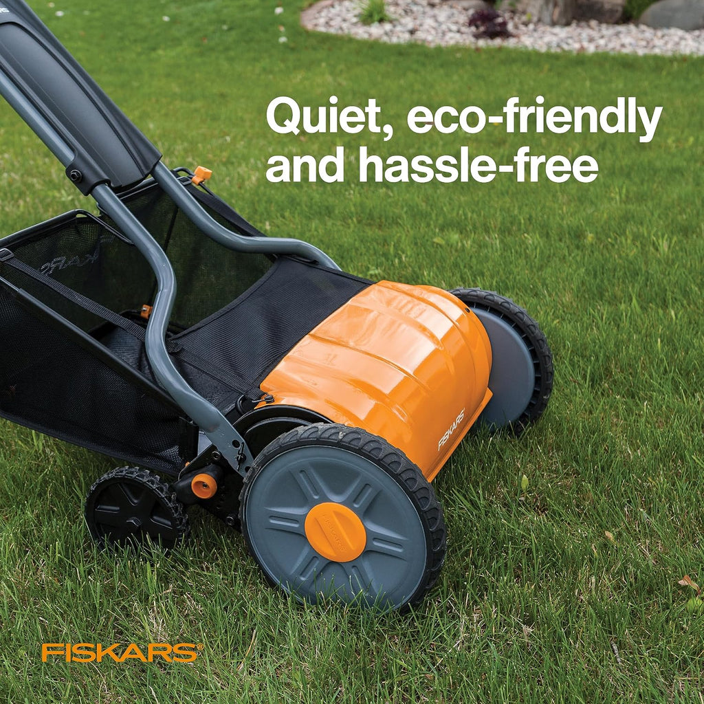 Fiskars Push Mower - 17' Cut Width Manual Reel Mower with No Motor - Grass Cutter with Steel Blades that Stay Sharp - Eco-Friendly Cordless Grass Trimmer for Lawn Care