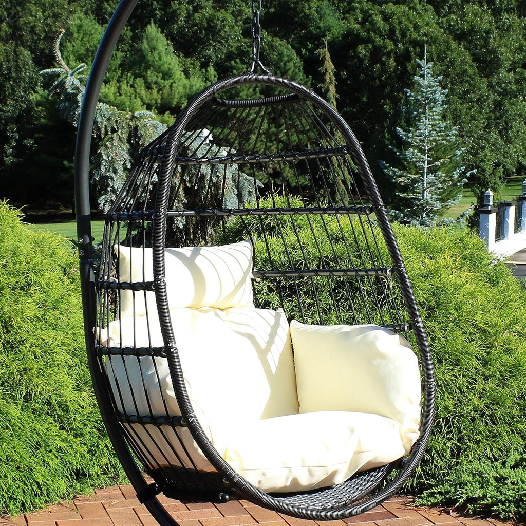 Sunnydaze Penelope Black Steel and Polyethylene Wicker Hanging Egg Chair with Cream Polyester Cushions - 45-Inch Tall