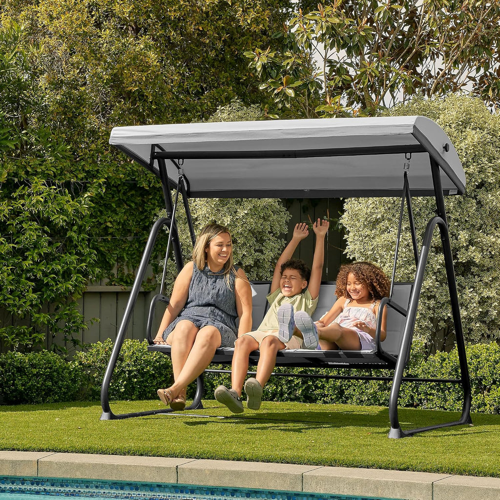 East Oak 3-Person Porch Swing with Adjustable Canopy, Outdoor Patio Swing Chair with Comfortable and Breathable Seats, Outdoor Swing Chairs for Balcony, Garden, Backyard, Black