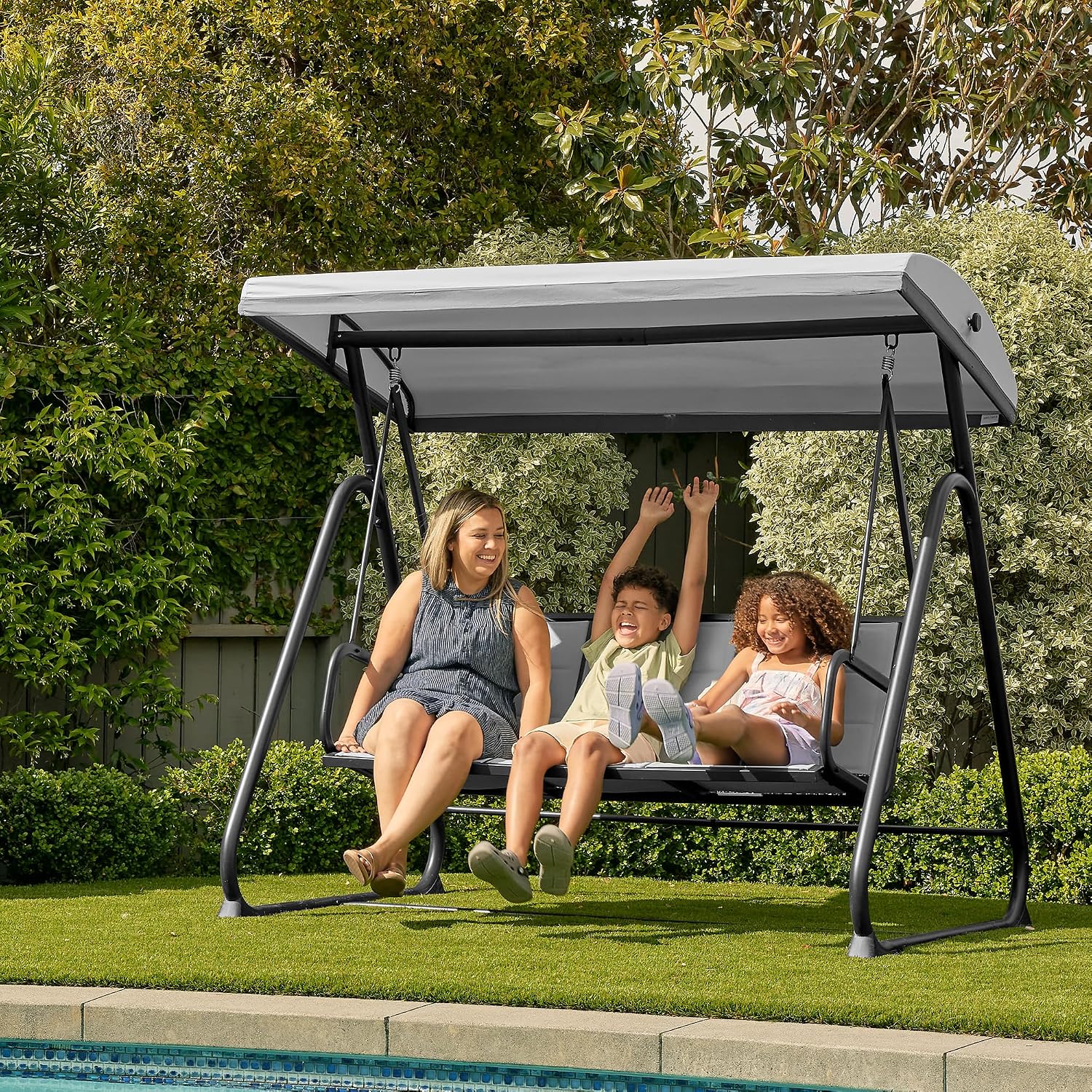 East Oak 3-Person Porch Swing with Adjustable Canopy, Outdoor Patio Swing Chair with Comfortable and Breathable Seats, Outdoor Swing Chairs for Balcony, Garden, Backyard, Black